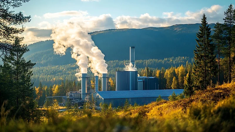 A geothermal plant surrounded by woodlands.