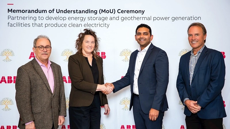 Image of representatives from both ABB and Sage Geosystems shaking hands at the MoU signing ceremony