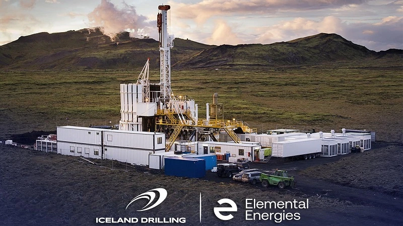 Image of a geothermal site with Iceland Drilling and Elemental Energies logos