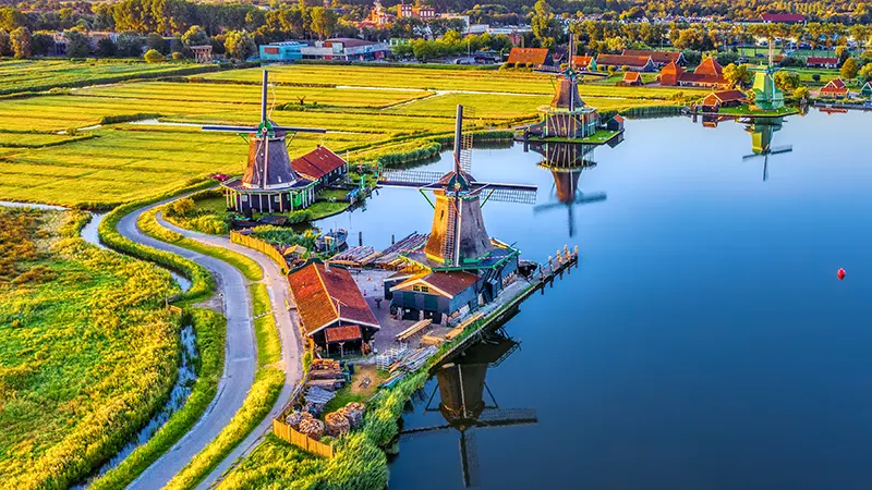 aerial view Netherlands windmills