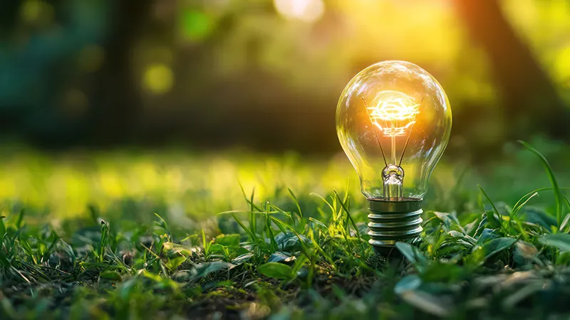 light bulb on a green field symbolising clean energy 