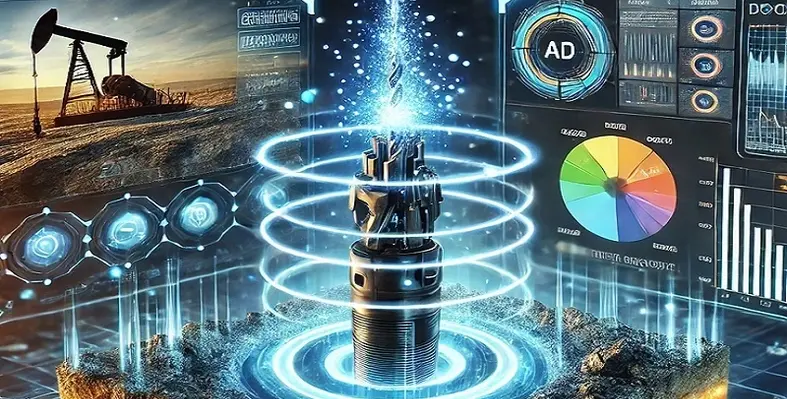 Infographic image of the DDG technology mid-drill with a picture of a drilling rig and mechanical statistic either side