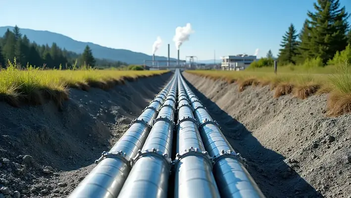 Metal pipes underground geothermal plant background